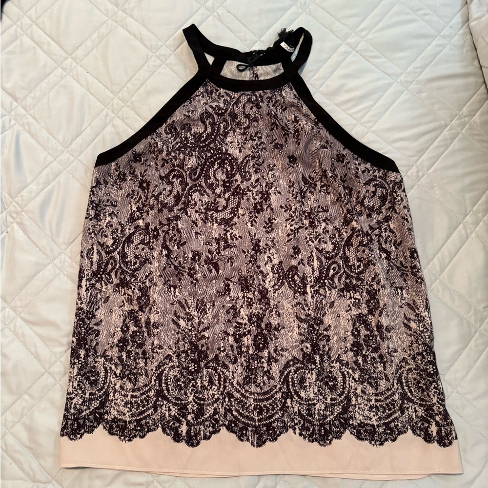 T Tahari Black and Cream Patterned Tank Top